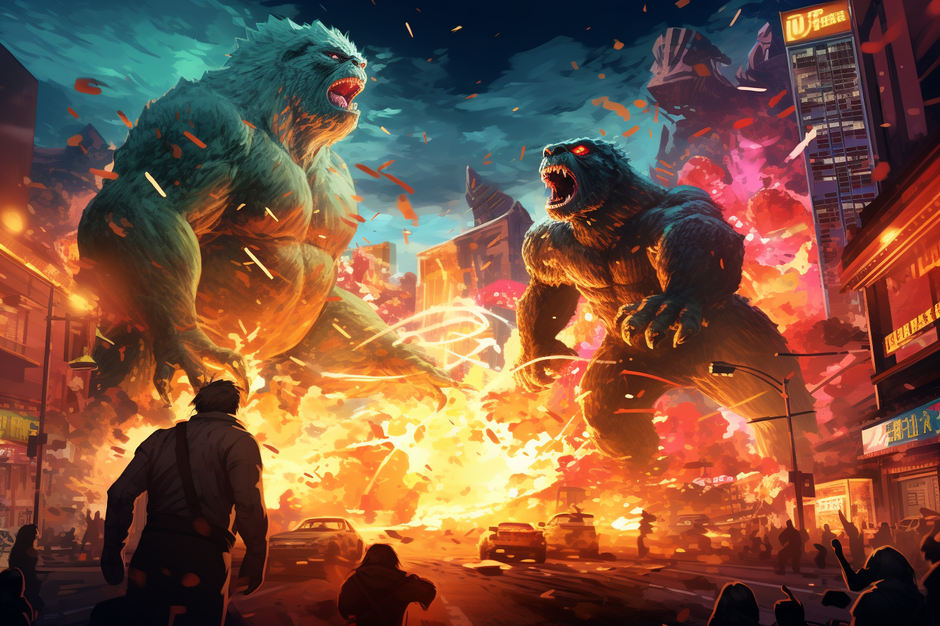 Cartoon-style King Kong and Godzilla fighting in Tokyo