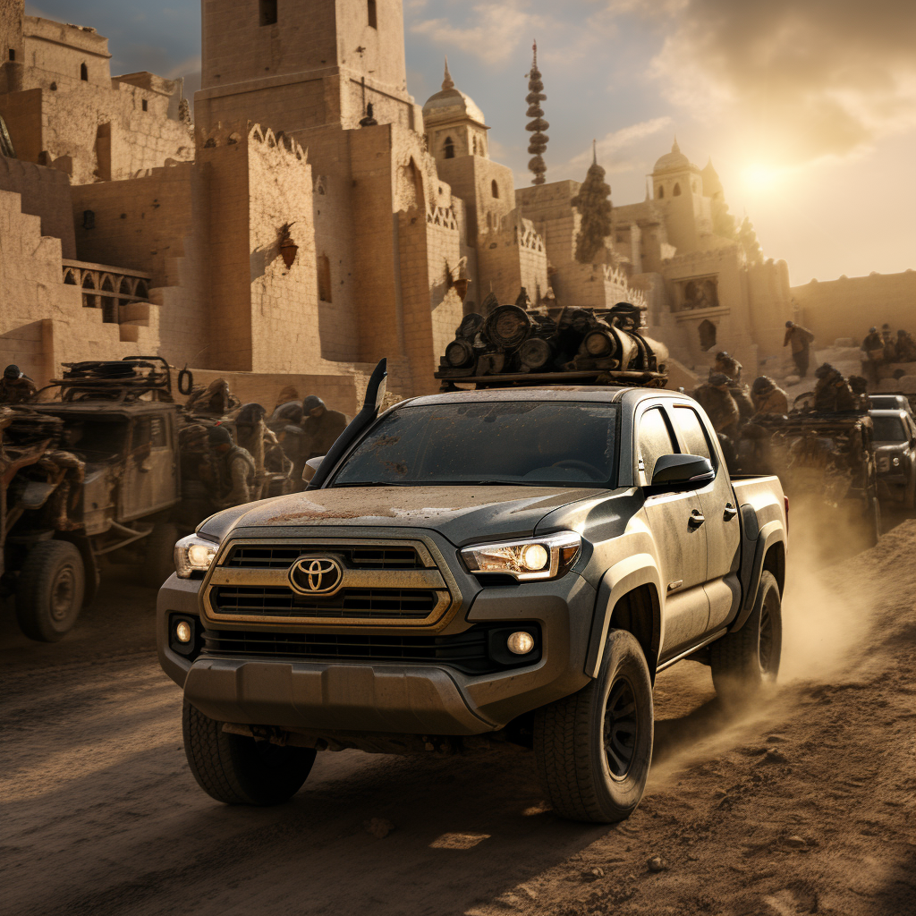 Jerusalem's army with golden cross on Toyota Tacoma