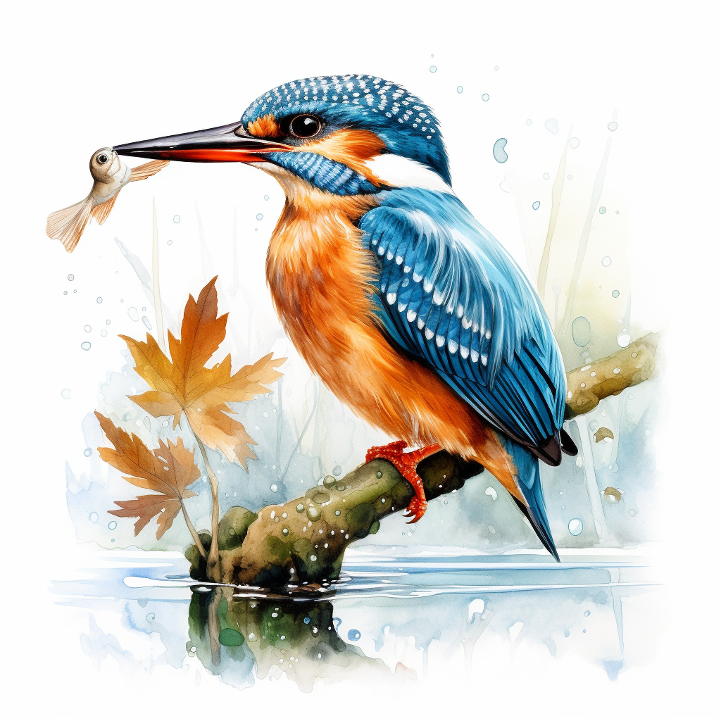 Cute kingfisher holding fish on white background