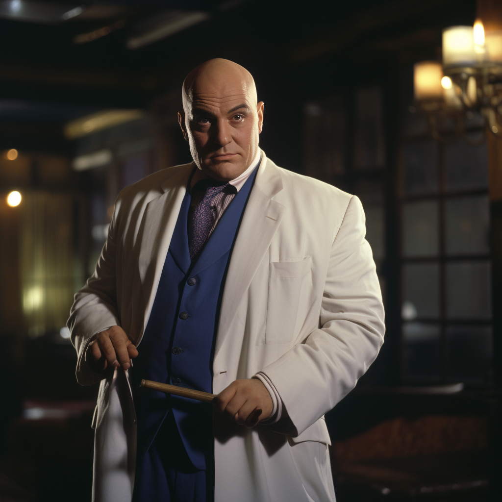 Caucasian actor portraying Kingpin in hyperealistic white suit with cigar and cane