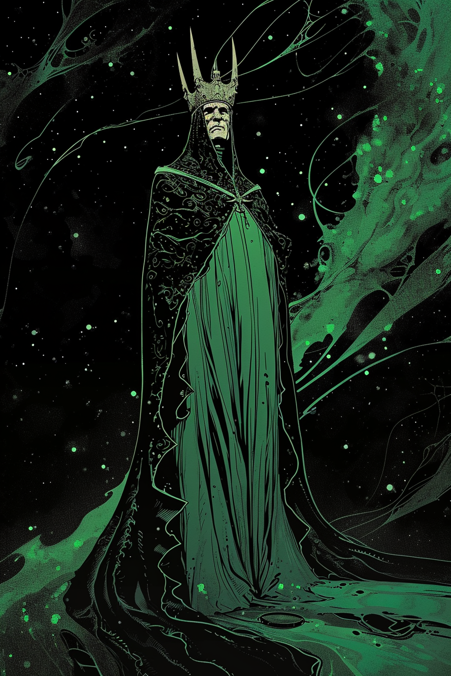 Illustration of the King of Stories in black and green robes