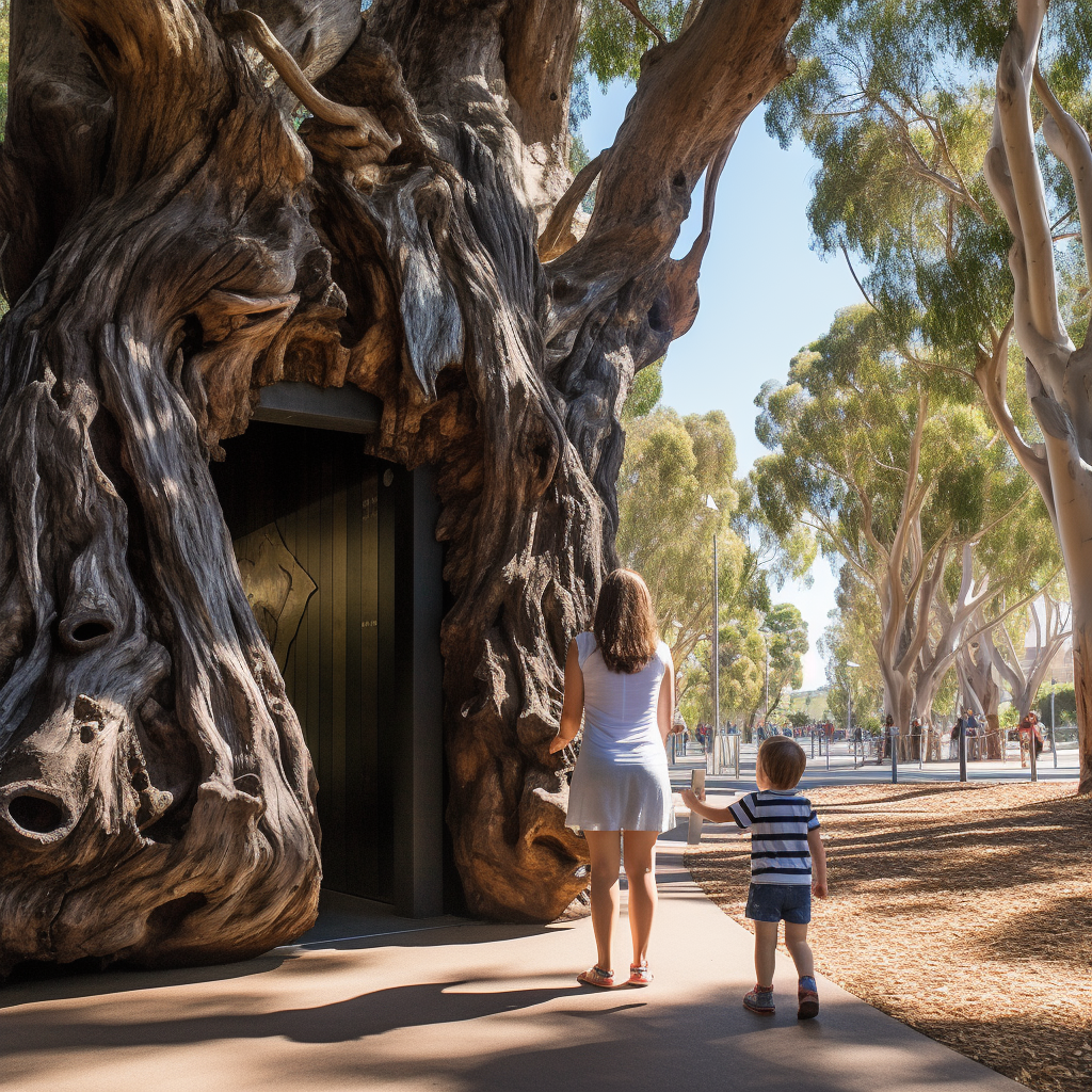 Happy mother and daughter near magical tree door