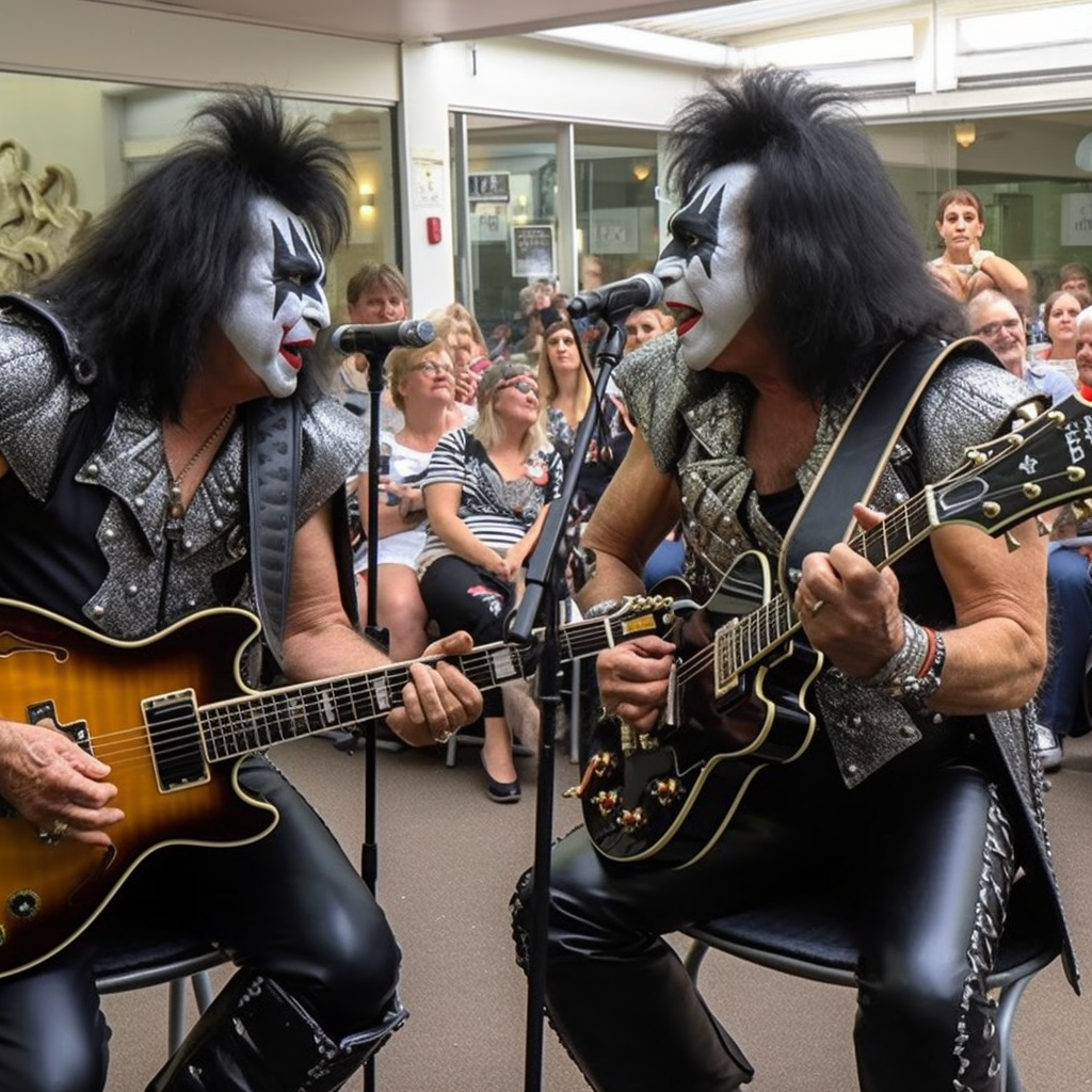 Cartoon of Kiss playing show at Hospice