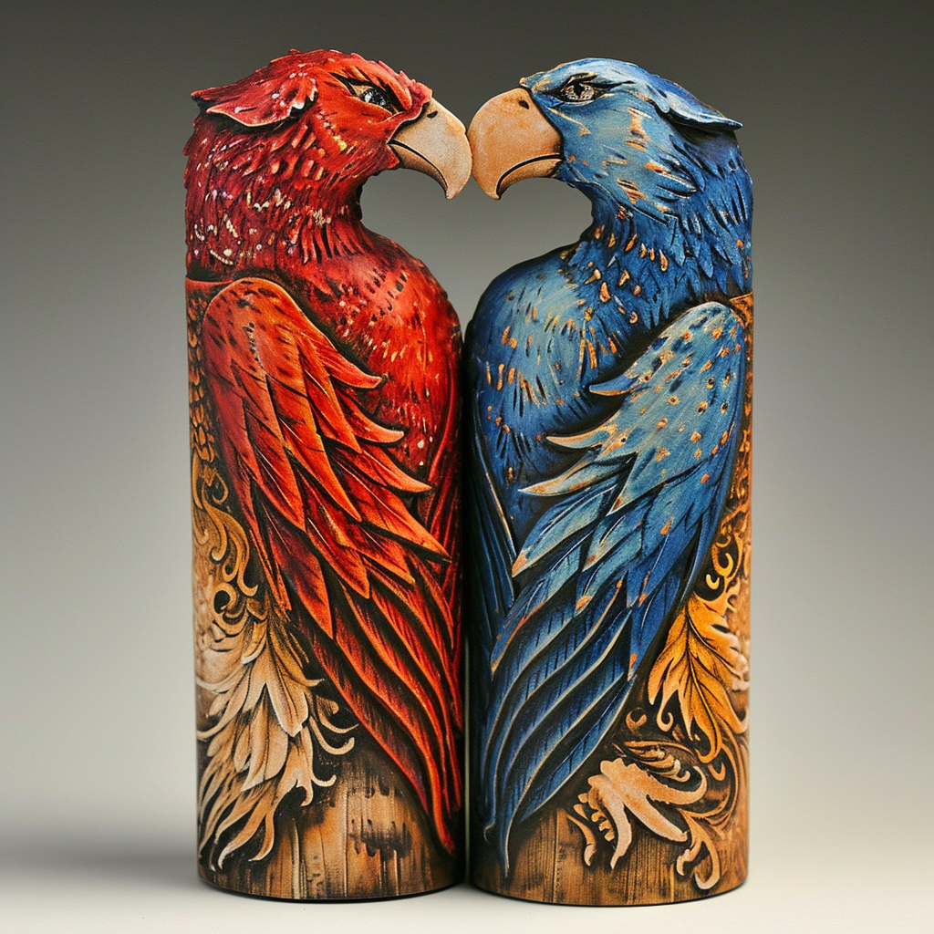 Kissing Griffons on Wood Cylinder