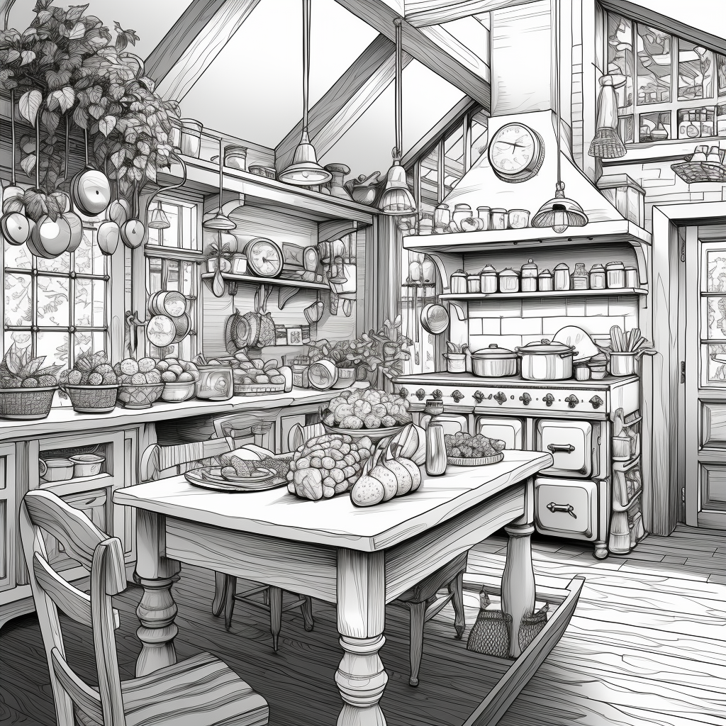 Coloring page of a kitchen on a farm