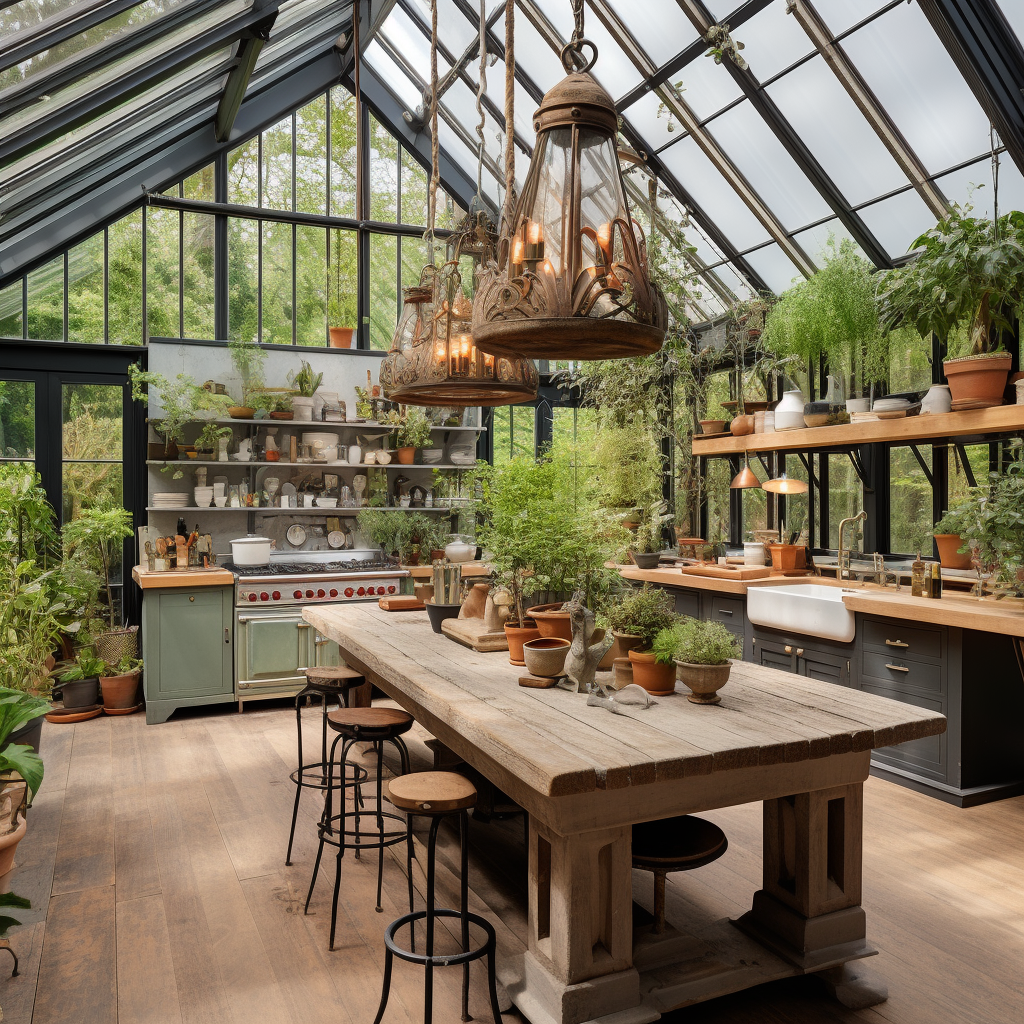 Industrial Kitchen Island in Conservatory