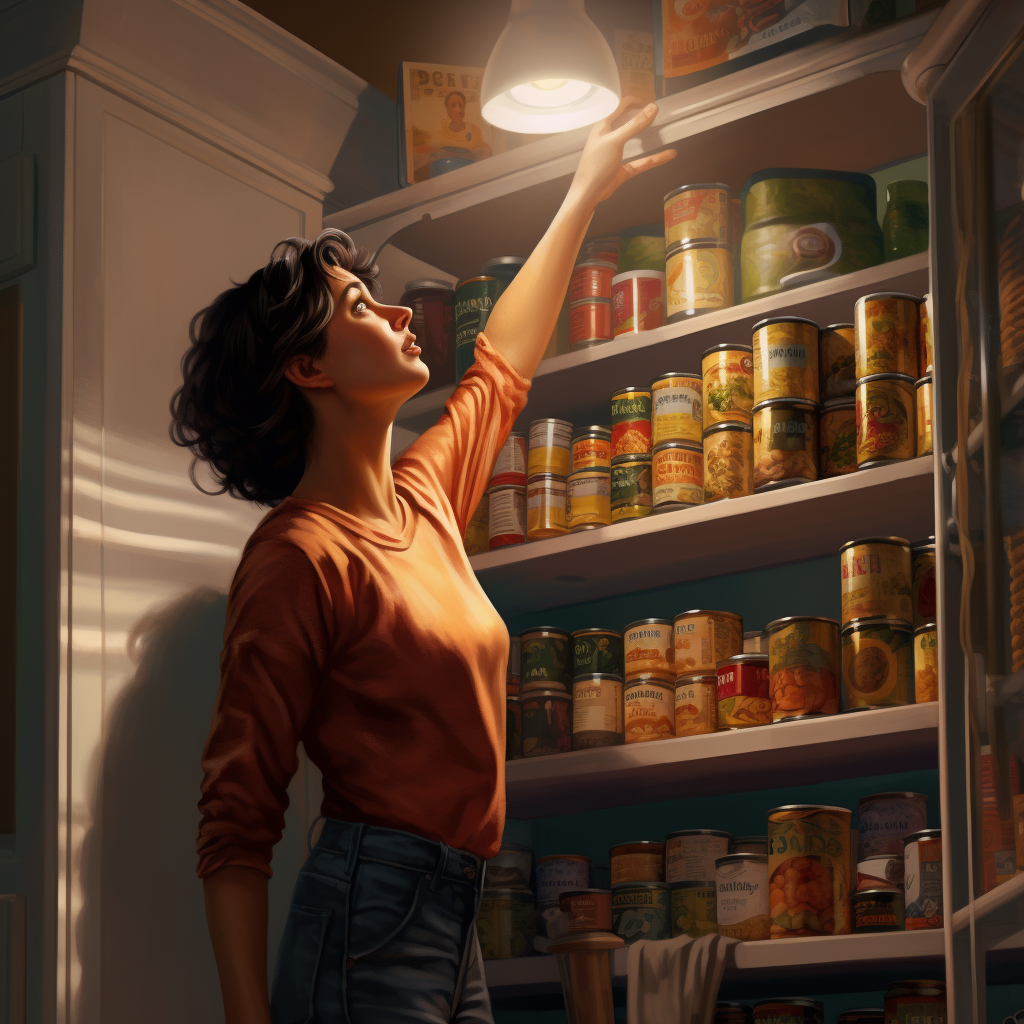 Woman reaching for soup can in modern kitchen