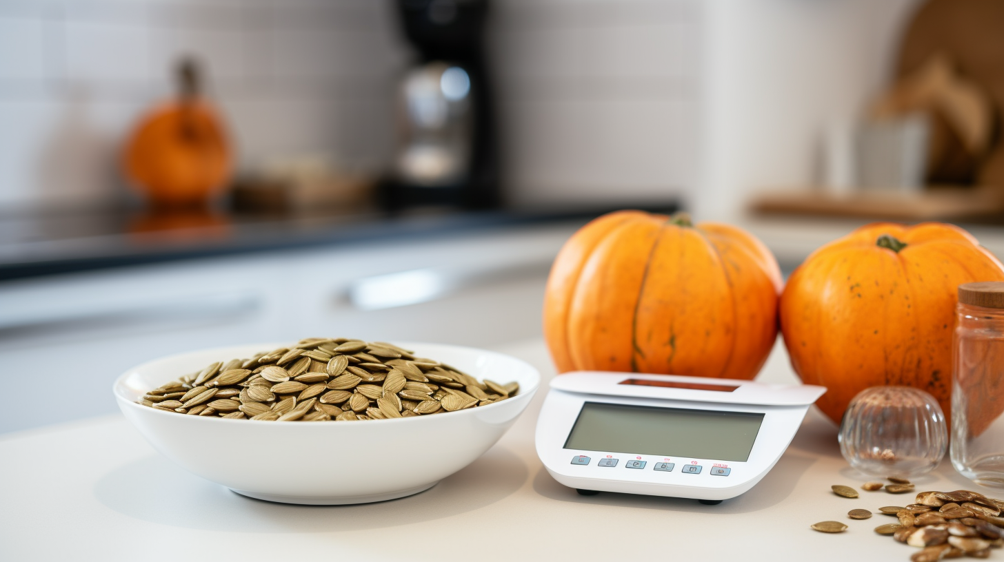 person weighing pumpkin seeds in kitchen