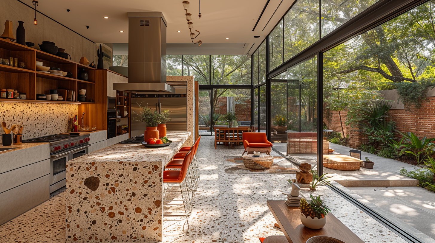 Terrazzo floor and stainless steel benchtops in kitchen