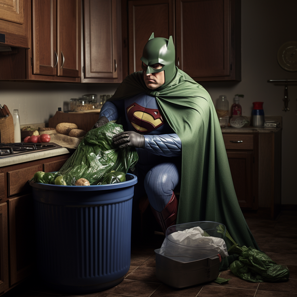 Superhero discarding waste in kitchen