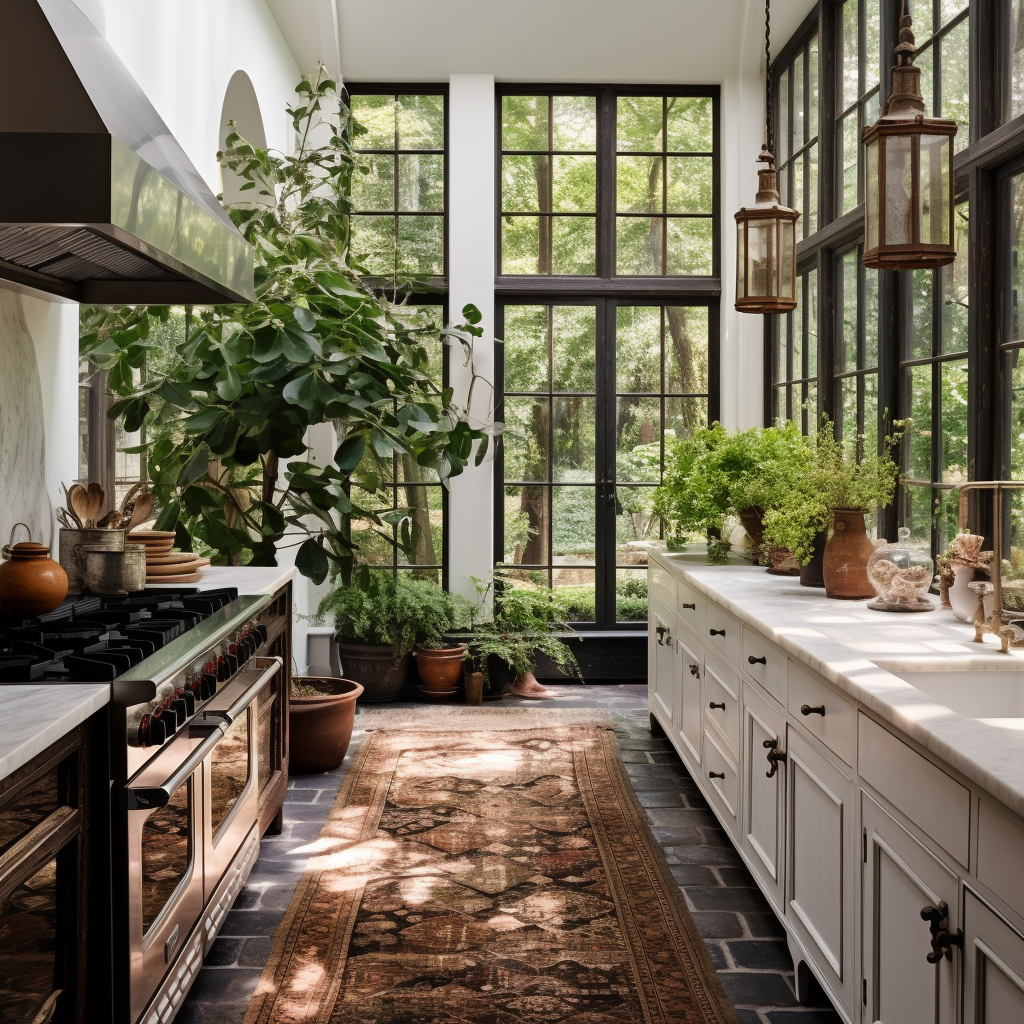 Kitchen with no upper cabinets