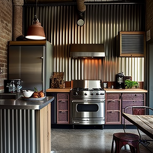 Kitchen with Vertical Corrugated Metal Cabinets