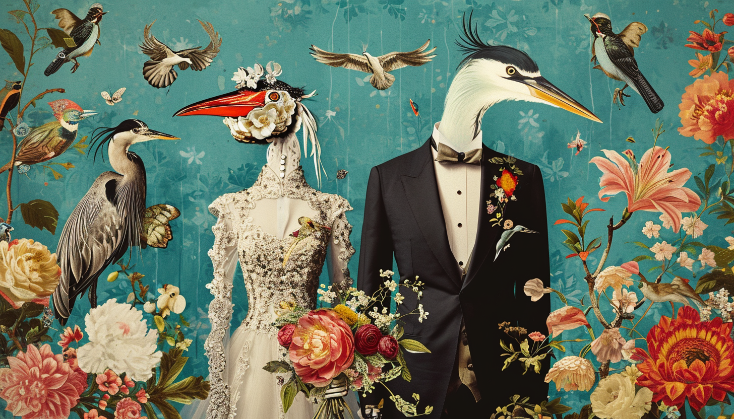 Colorful kitsch wedding birds flowers