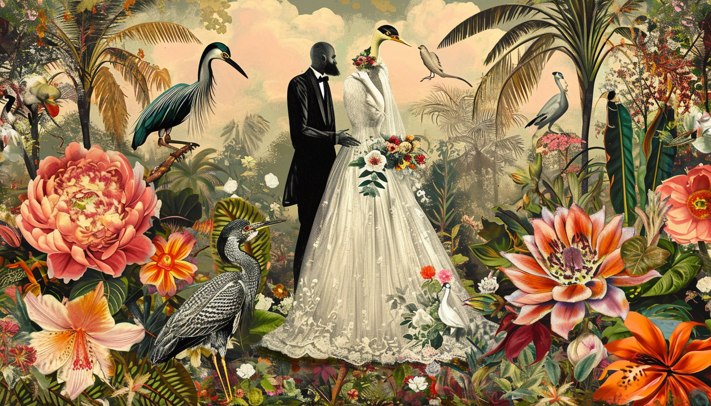 Colorful kitsch wedding dress with heron head