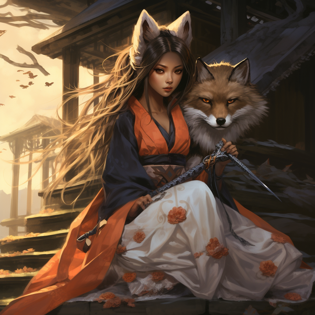 Kitsune girl with her pet fox and kunai knives