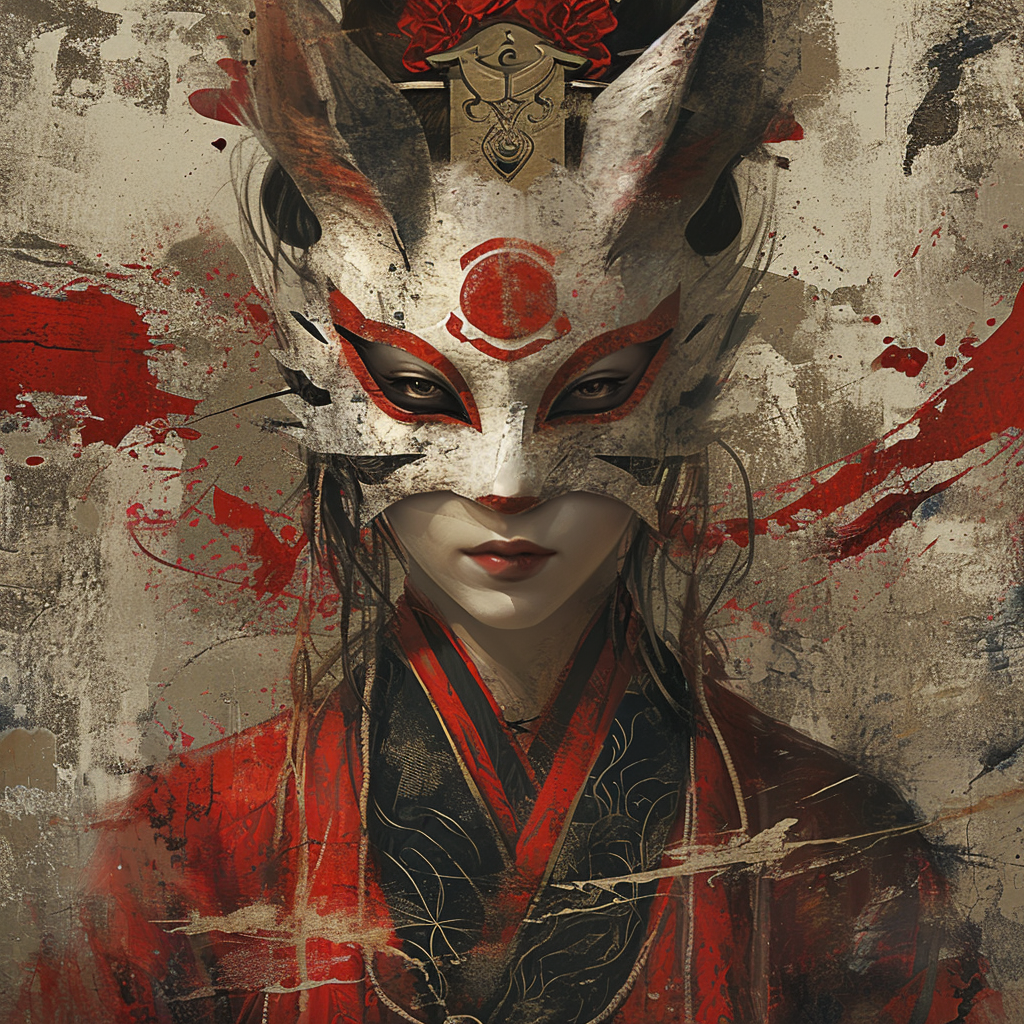 Woman wearing kitsune mask in high detail