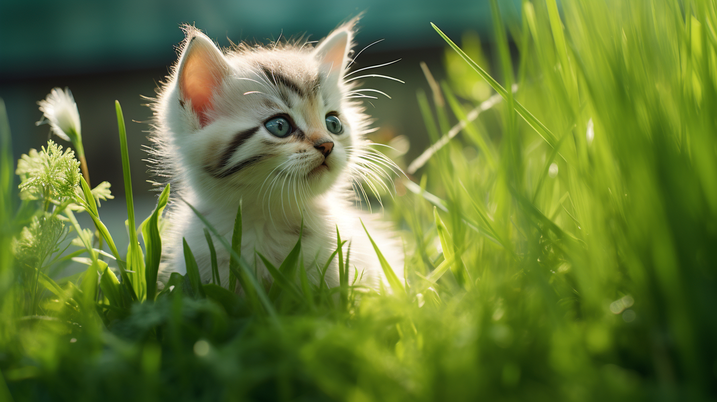 Cute kitten happily munching on grass