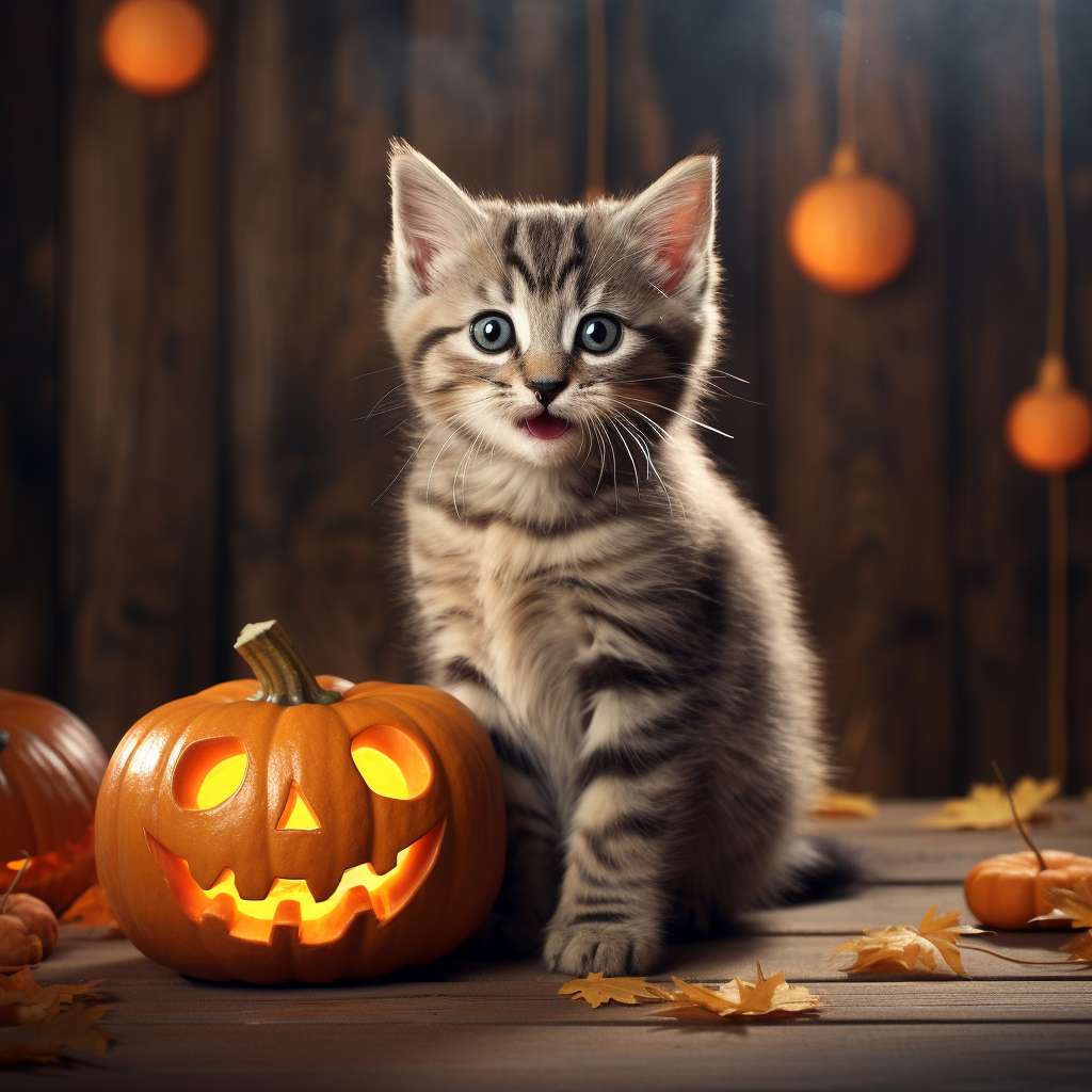 Adorable Kitten Holding Halloween Pumpkin