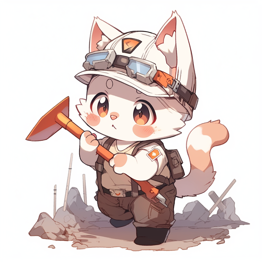 Cute kitten with hard hat and shovel