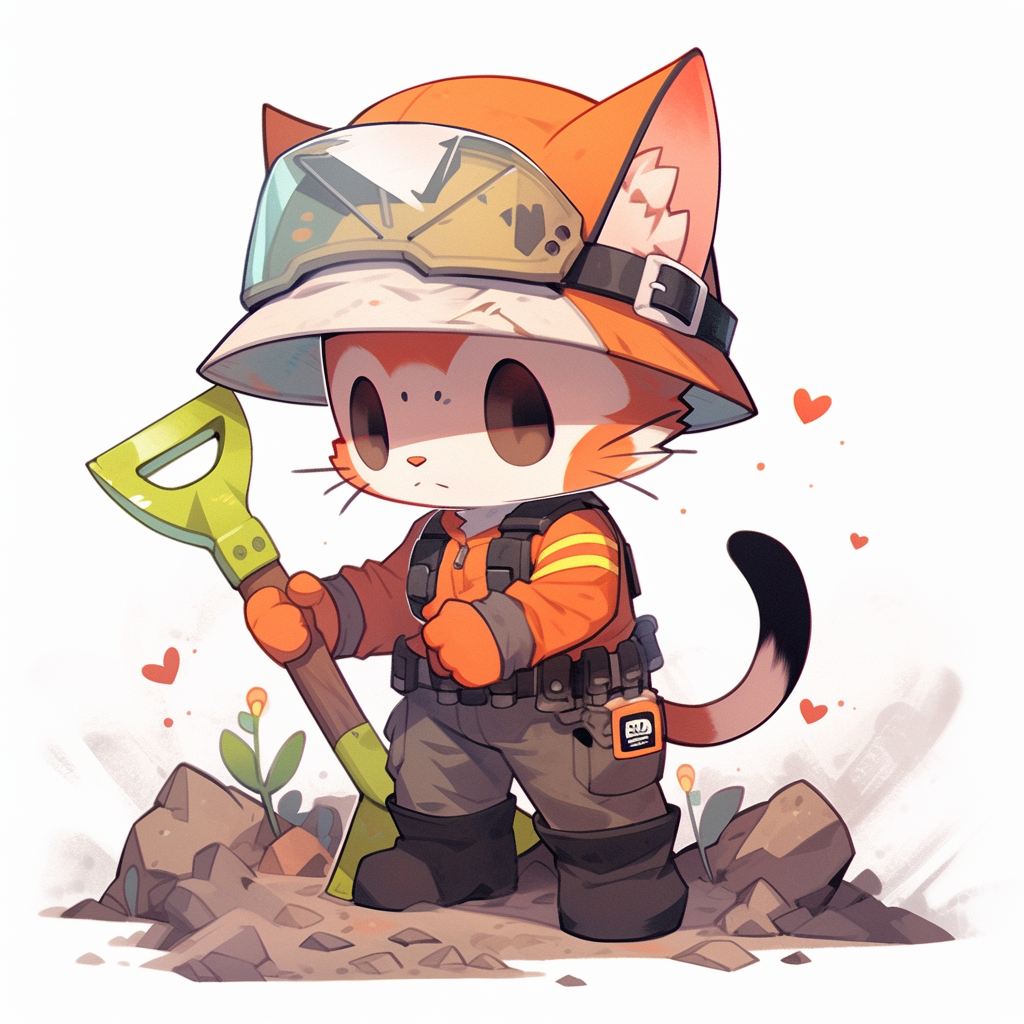 Adorable kitten in a hard hat and using a shovel