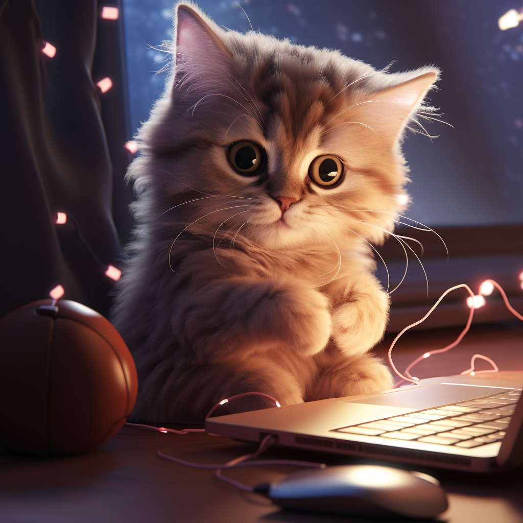 Adorable kitten playing on computer