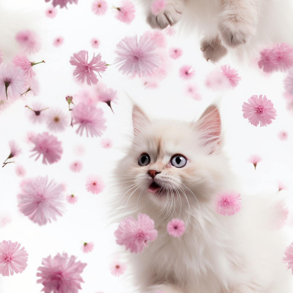 Long-haired white kitten playing with pink flowers