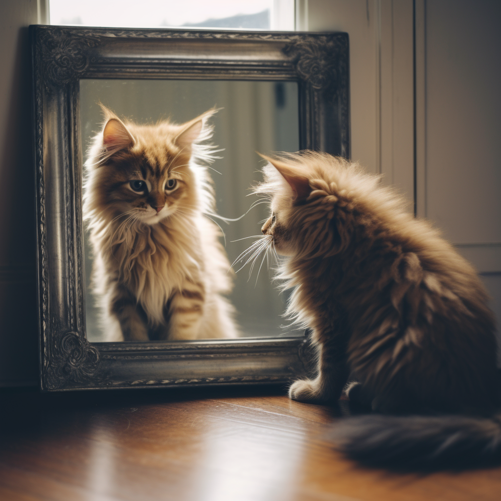 Kitten looking at lion reflection