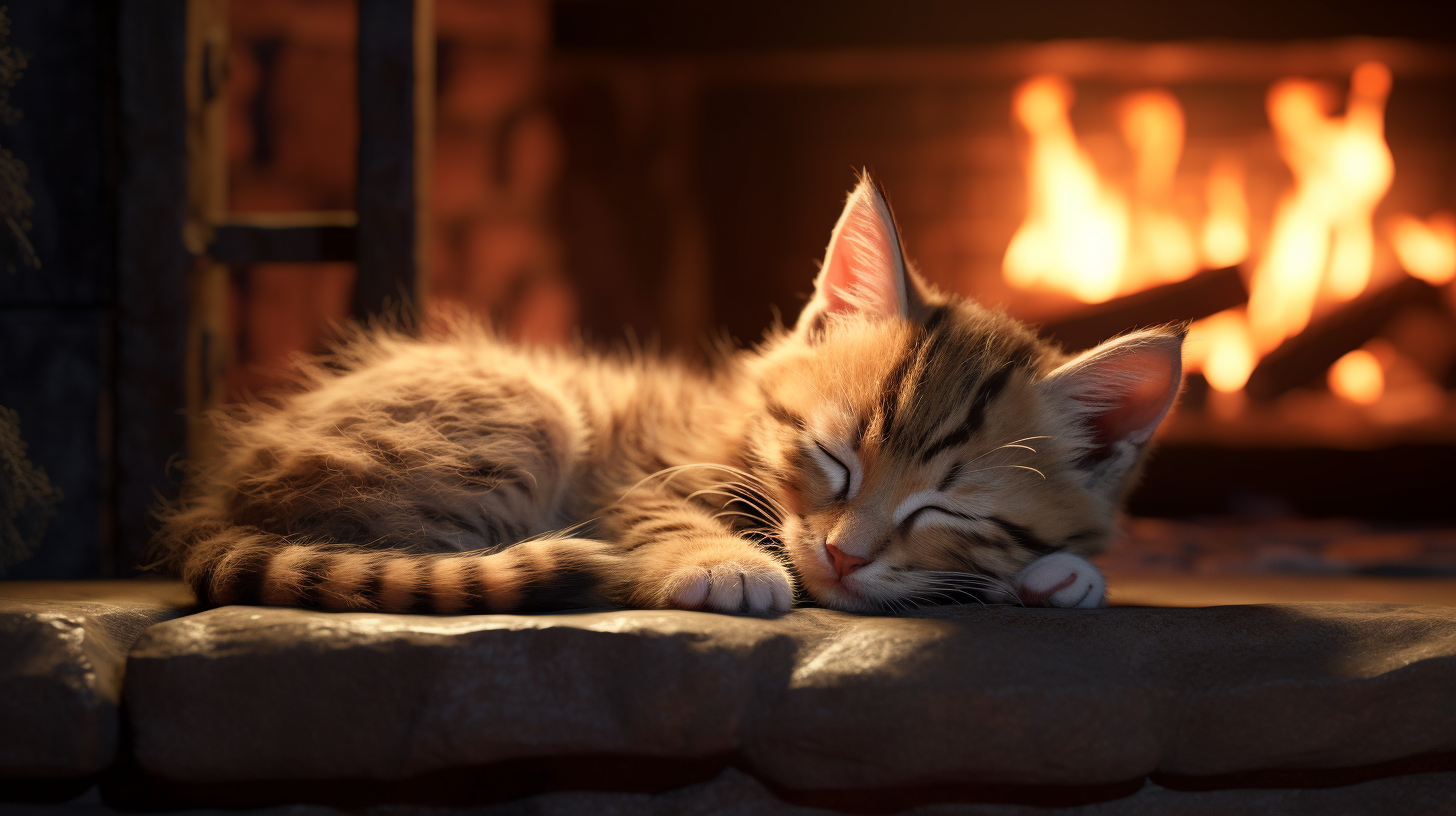 Sleeping Kitten by the Fireplace