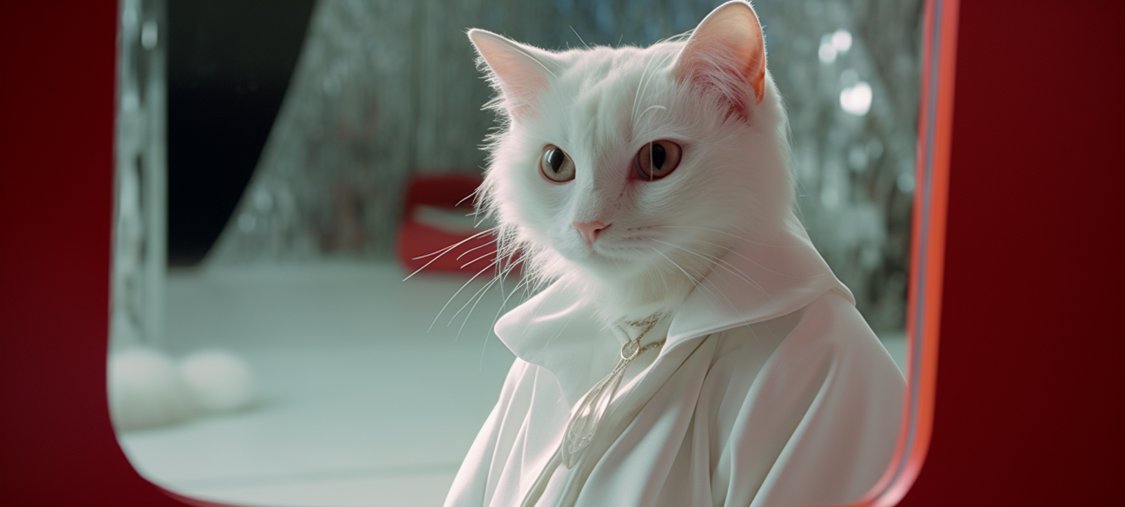 Adorable kitten in white coat looking in mirror