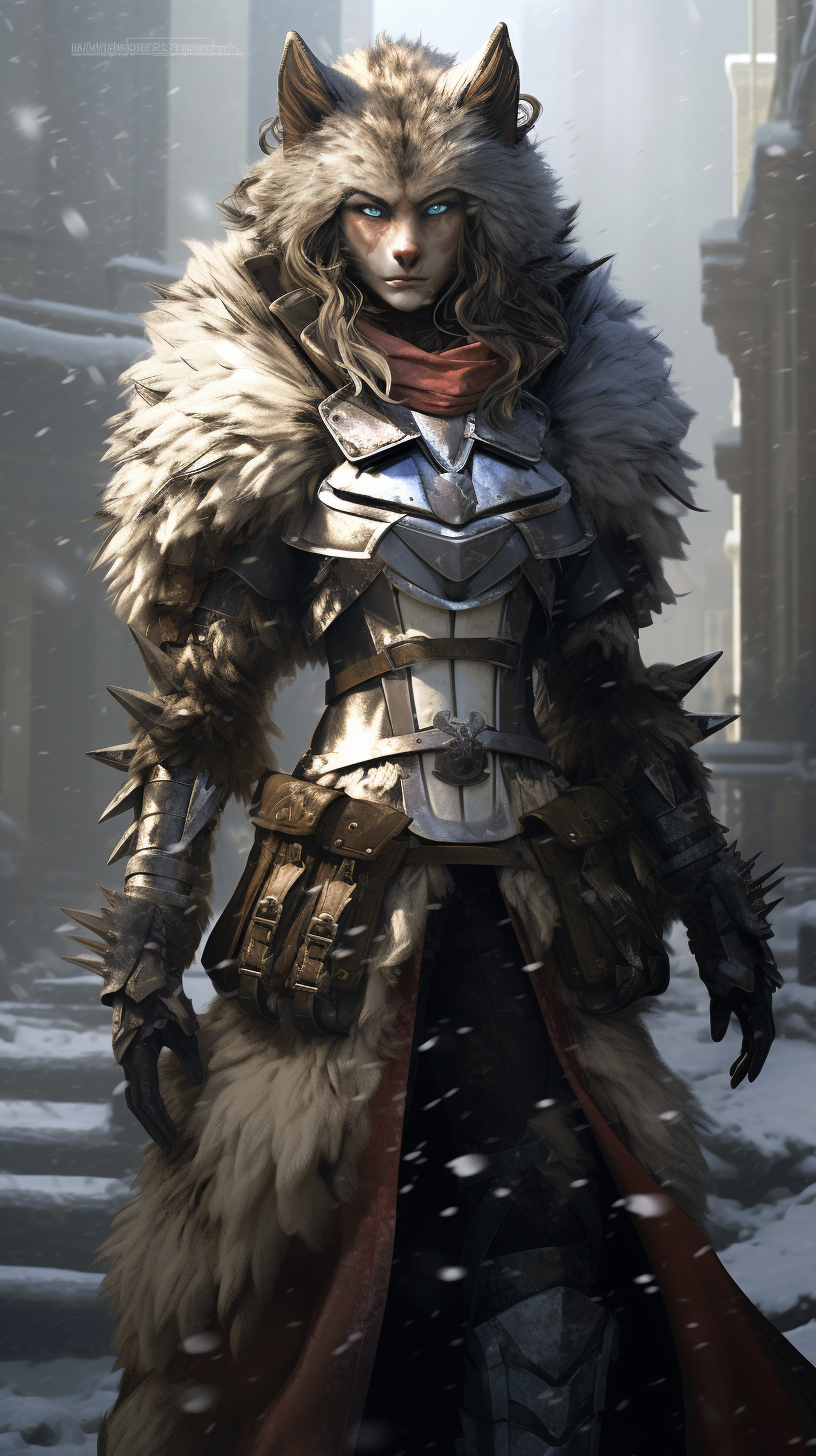 Knight armor with feminine leather cape and wolf inspiration