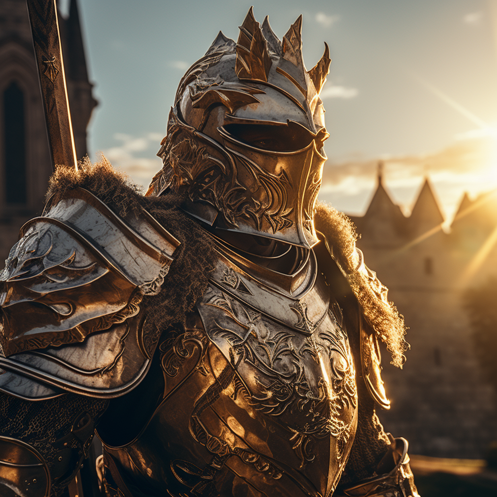 Knight armor praying golden hour scene