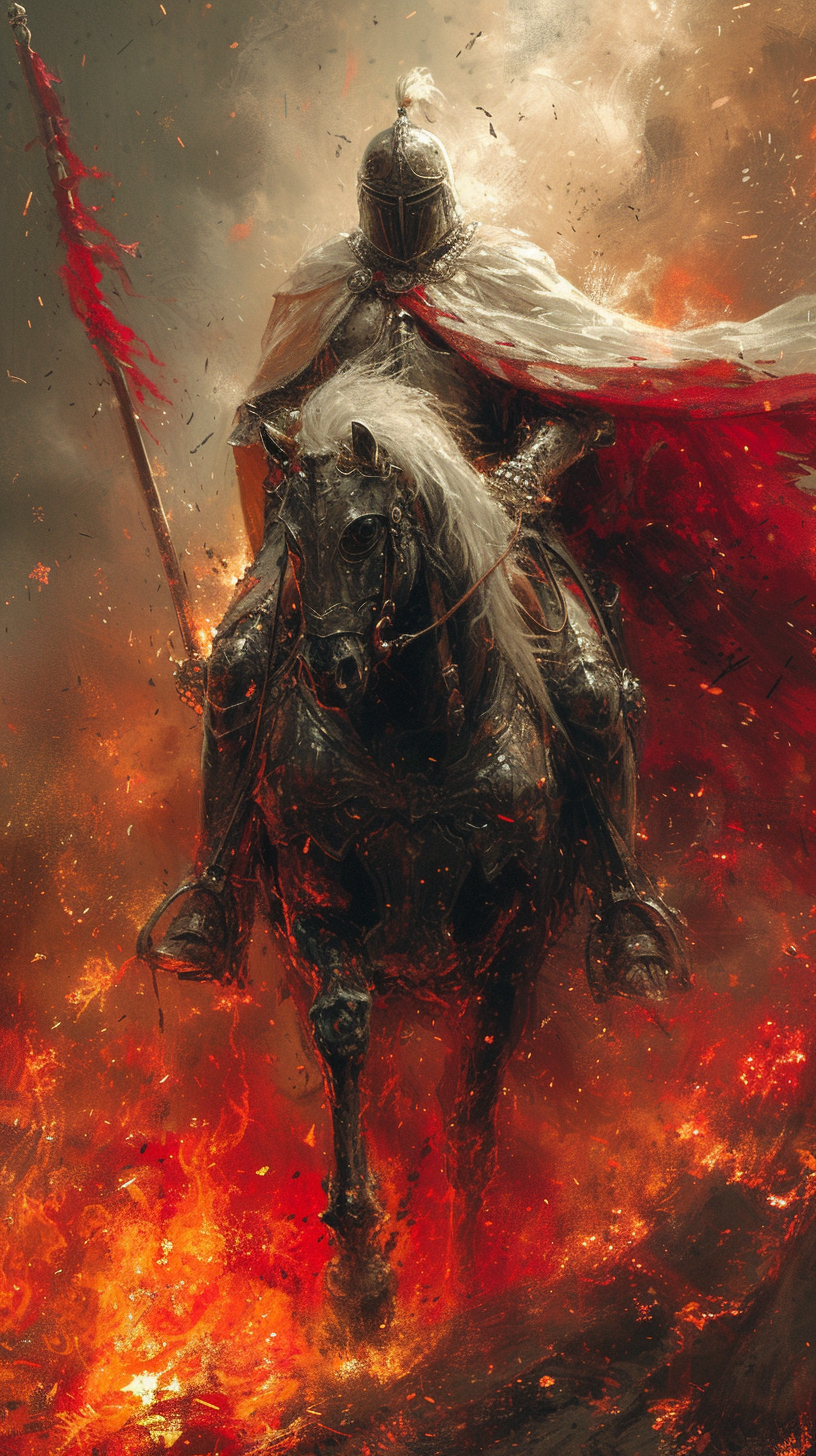 Knight armor riding fiery warhorse fantasy image