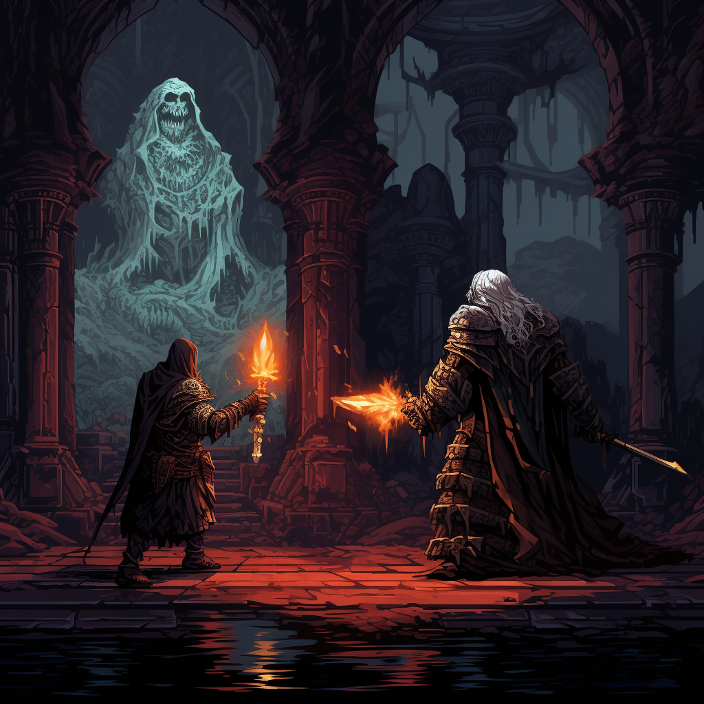 Knight Dueling Dark Wizard Dungeon Pixel Art