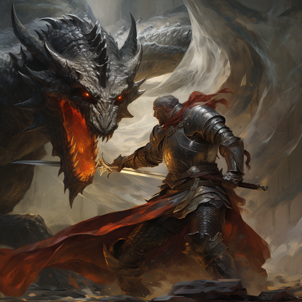 Brave knight battling fearsome dragon