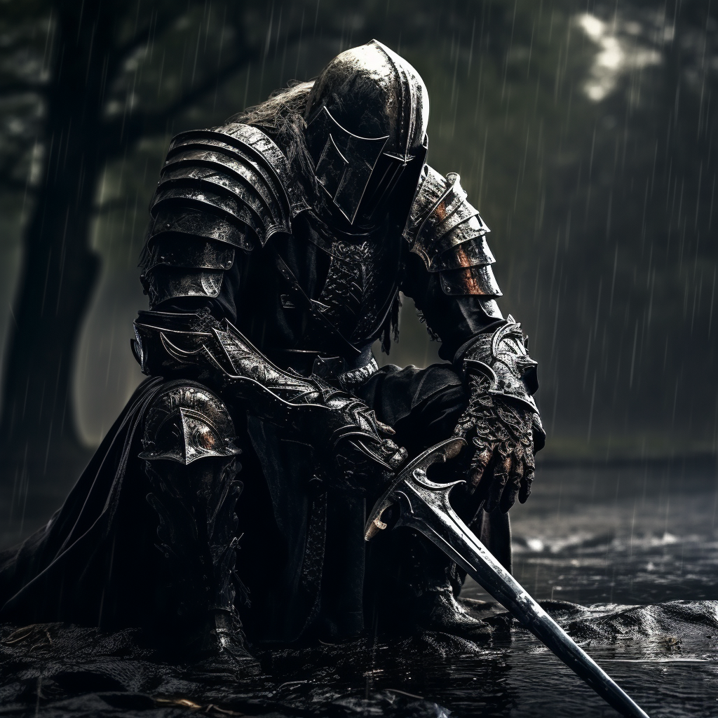 Knight in Gothic Armor with Longsword on Battlefield