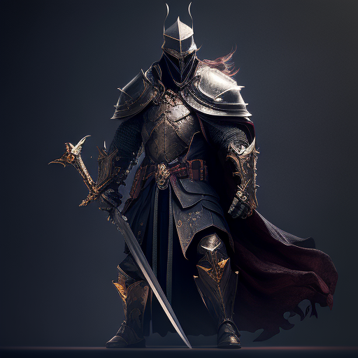 Regal knight with helmet holding a longsword