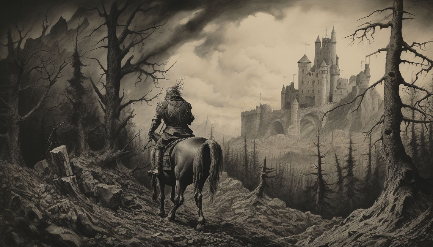 Knight on horse meeting demon with mountain, trees, and castle