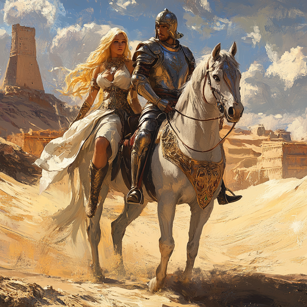 knight horse goddess desert sunny