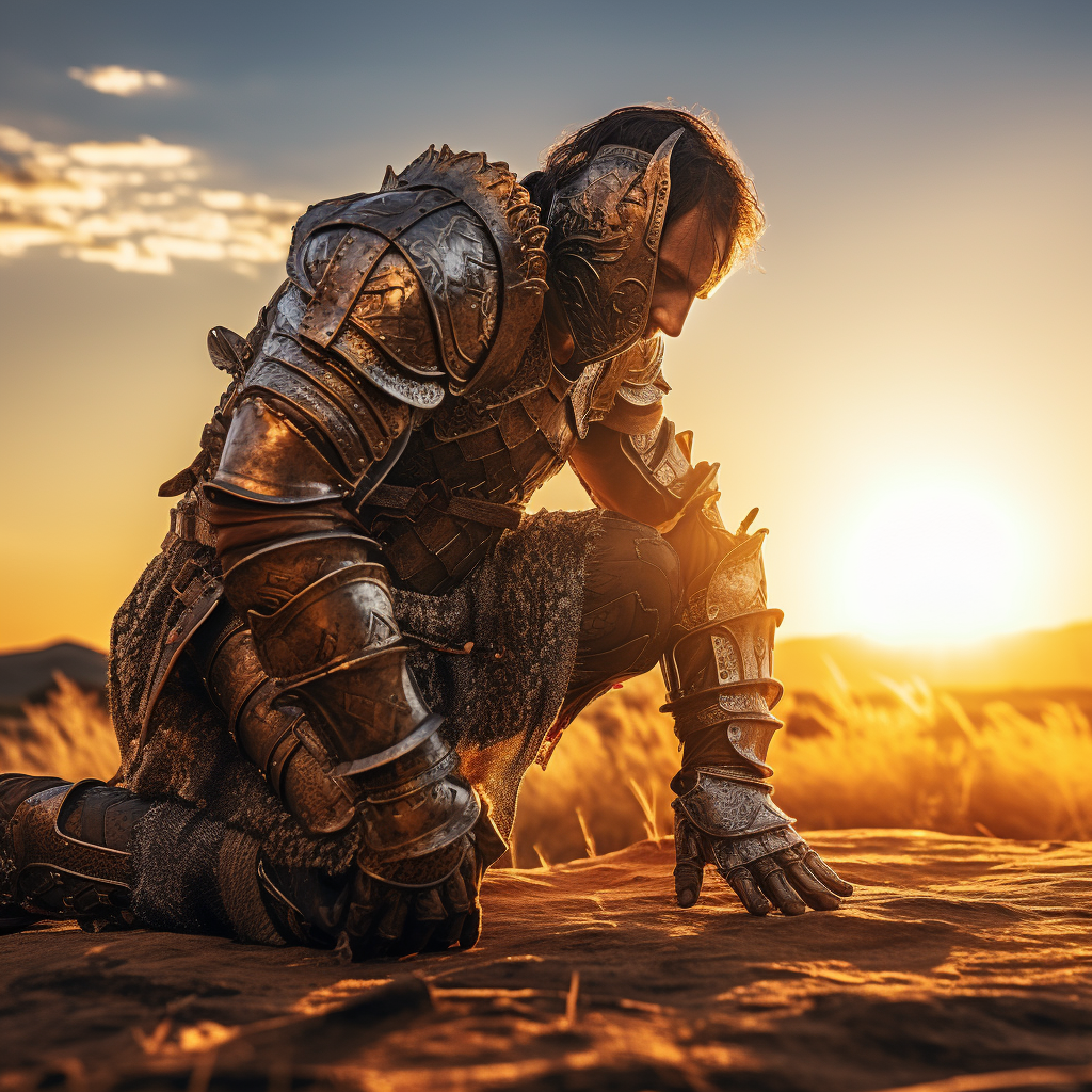 Knight in Full Plate Armor Kneeling during Golden Hour