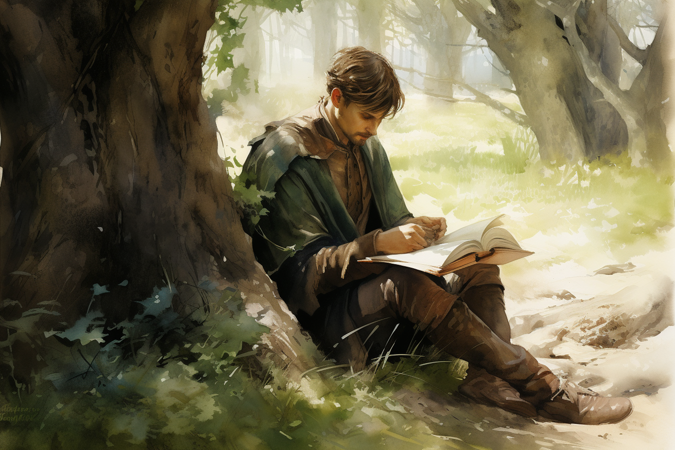 Knight reading leather bound book in forest