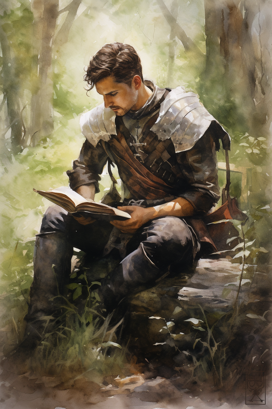 Knight reading leather bound book in forest