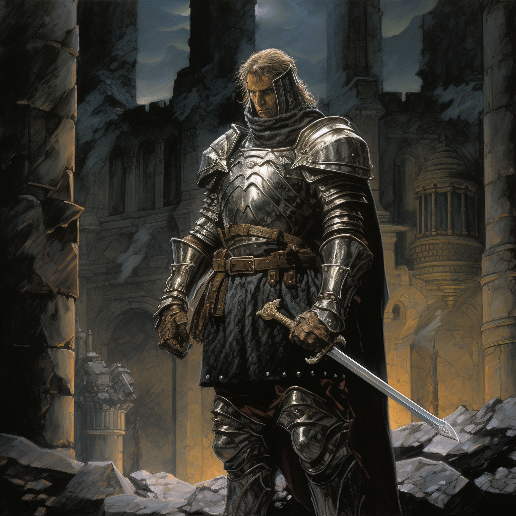 Knight in Rusty Armor Holding Sword in Castle Ruins