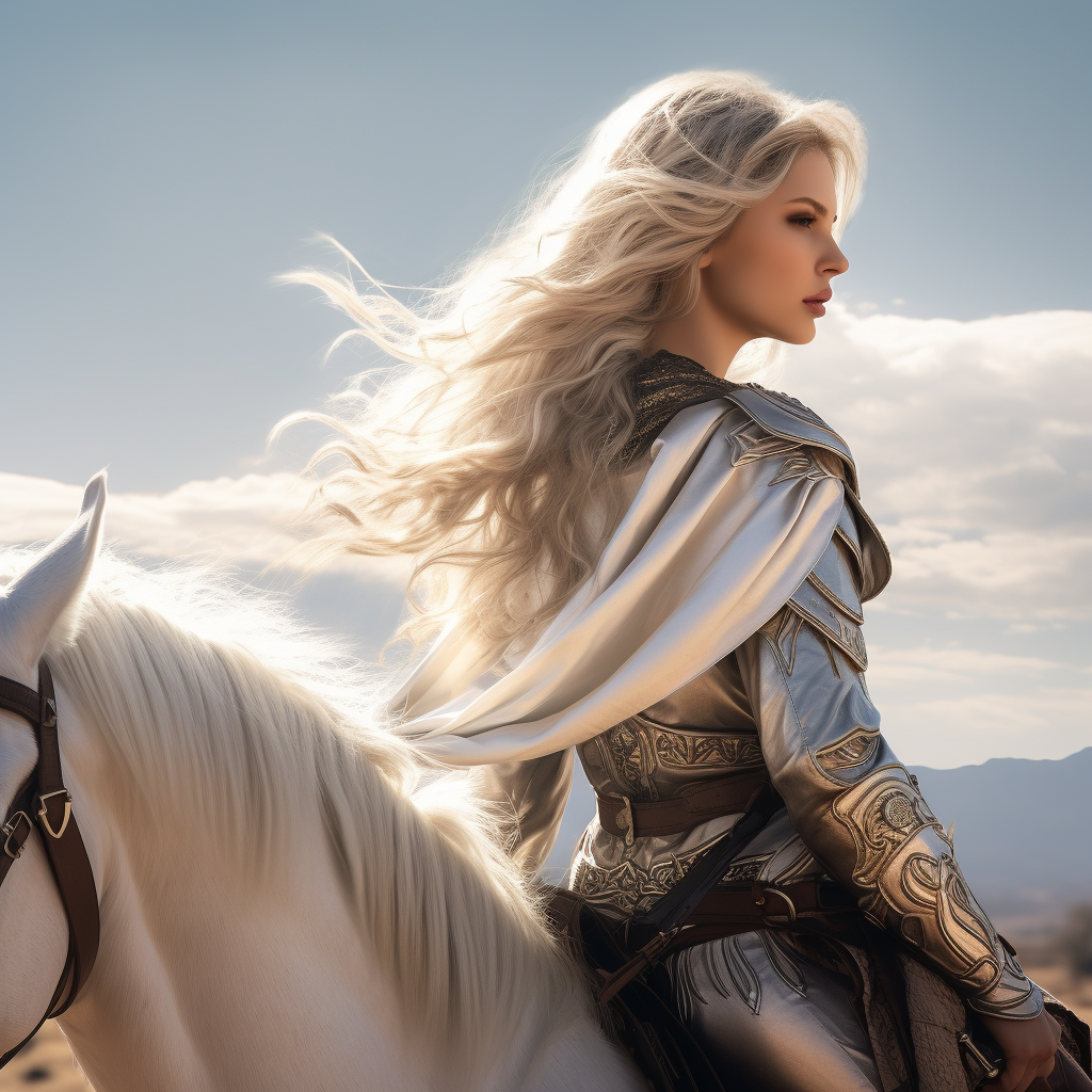 Knight girl in armor on white horse