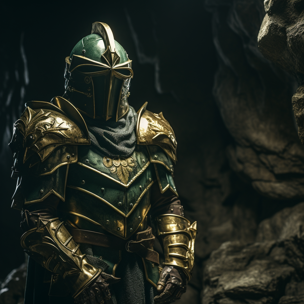 Knight in Green-and-Gold Platemail in Dark Cave