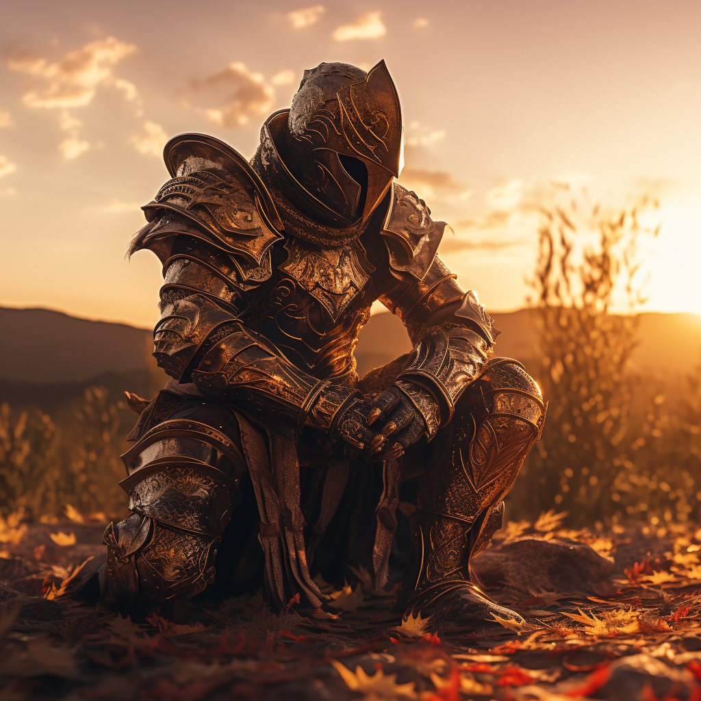 Knight in full plate armor kneeling at golden hour