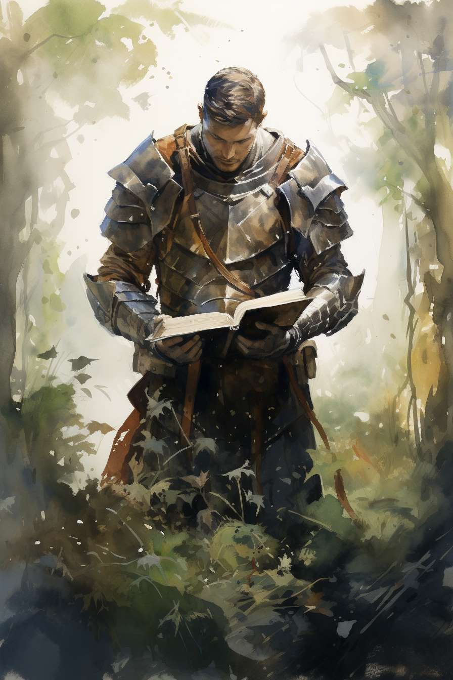 Knight reading book in lush forest