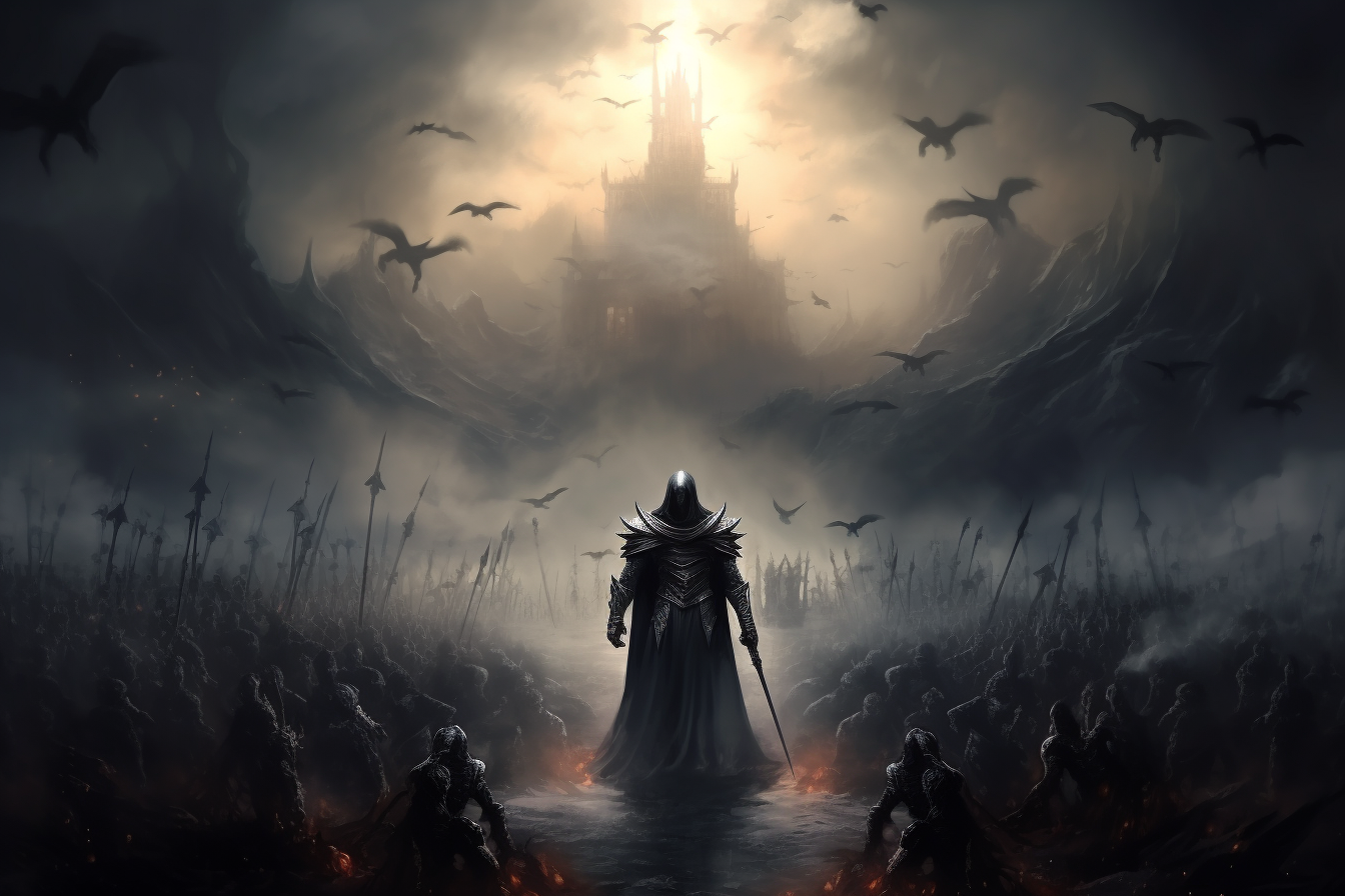 Knight standing over undead army