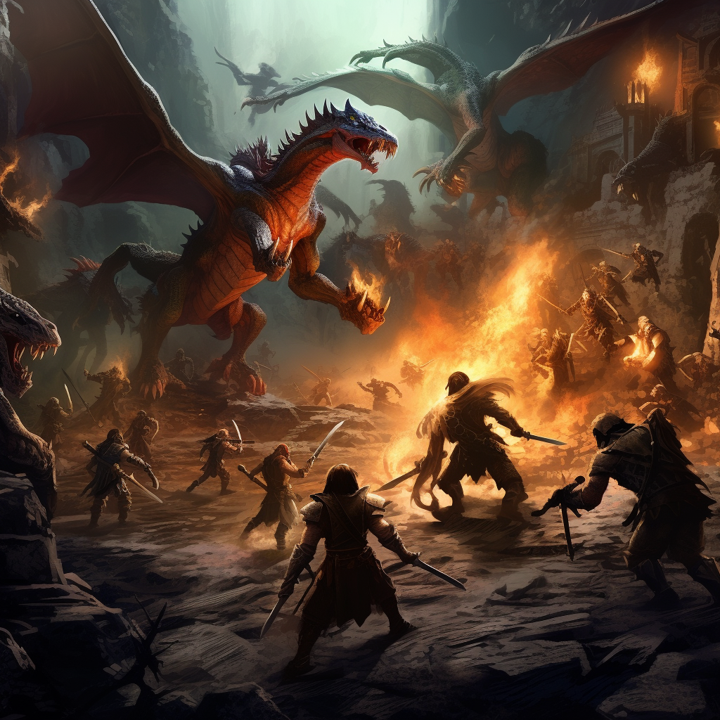 Knights fighting orcs in epic fantasy scene