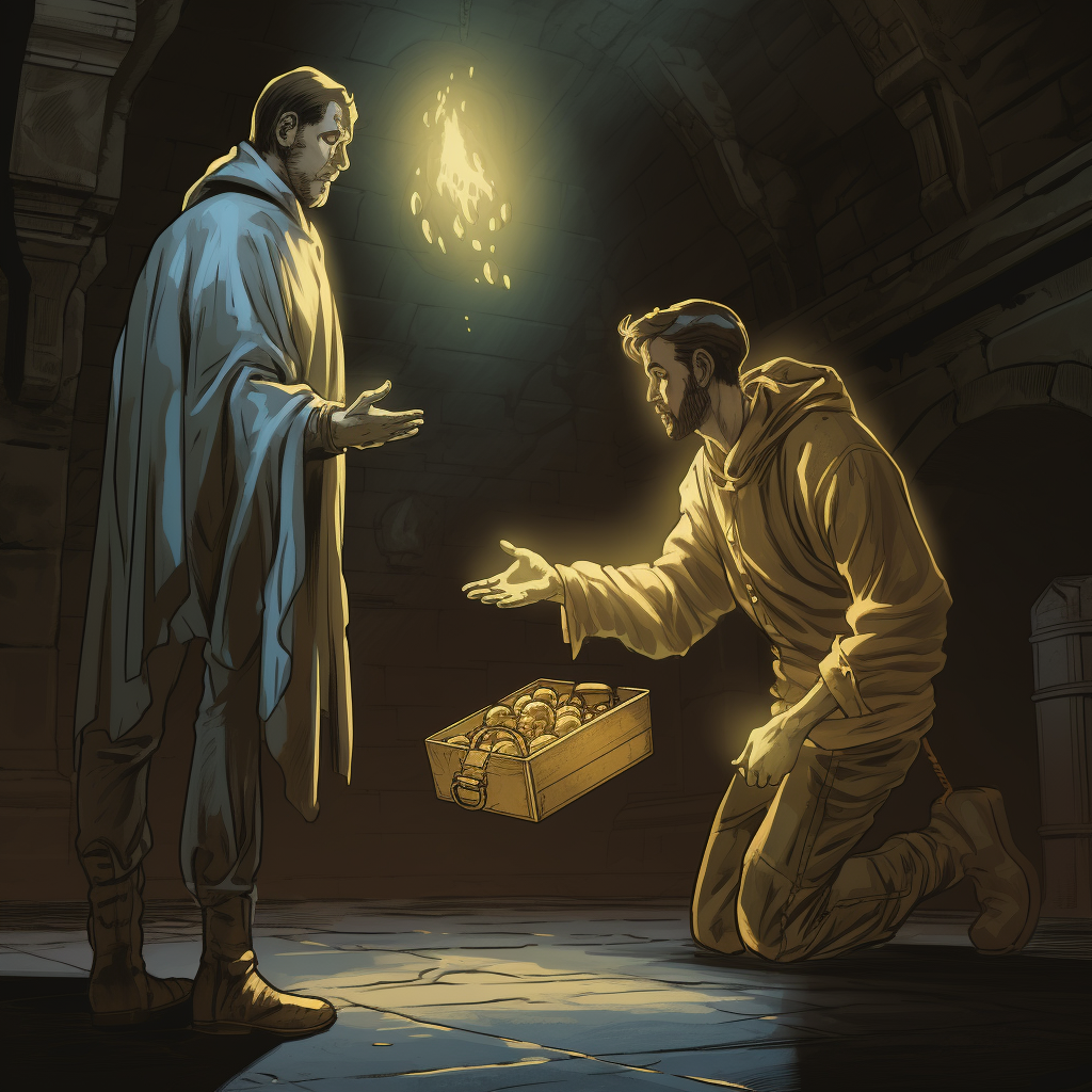 Knights ghost giving man gold coin in castle cellar