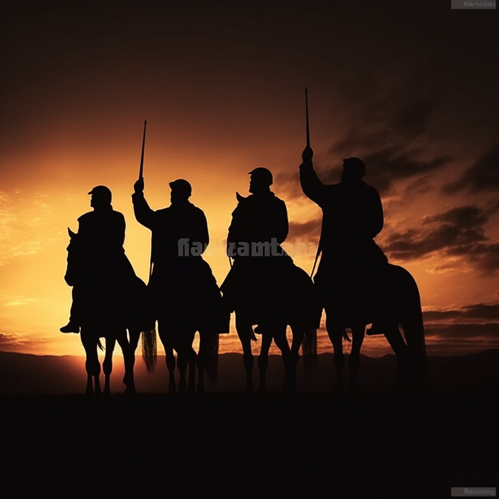 Silhouettes of knights horses overlooking cheering crowd